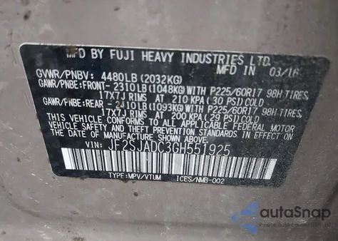 2016 Subaru Forester 2.5I Premium из США, поврежденный, VIN JF2SJADC3GH551925